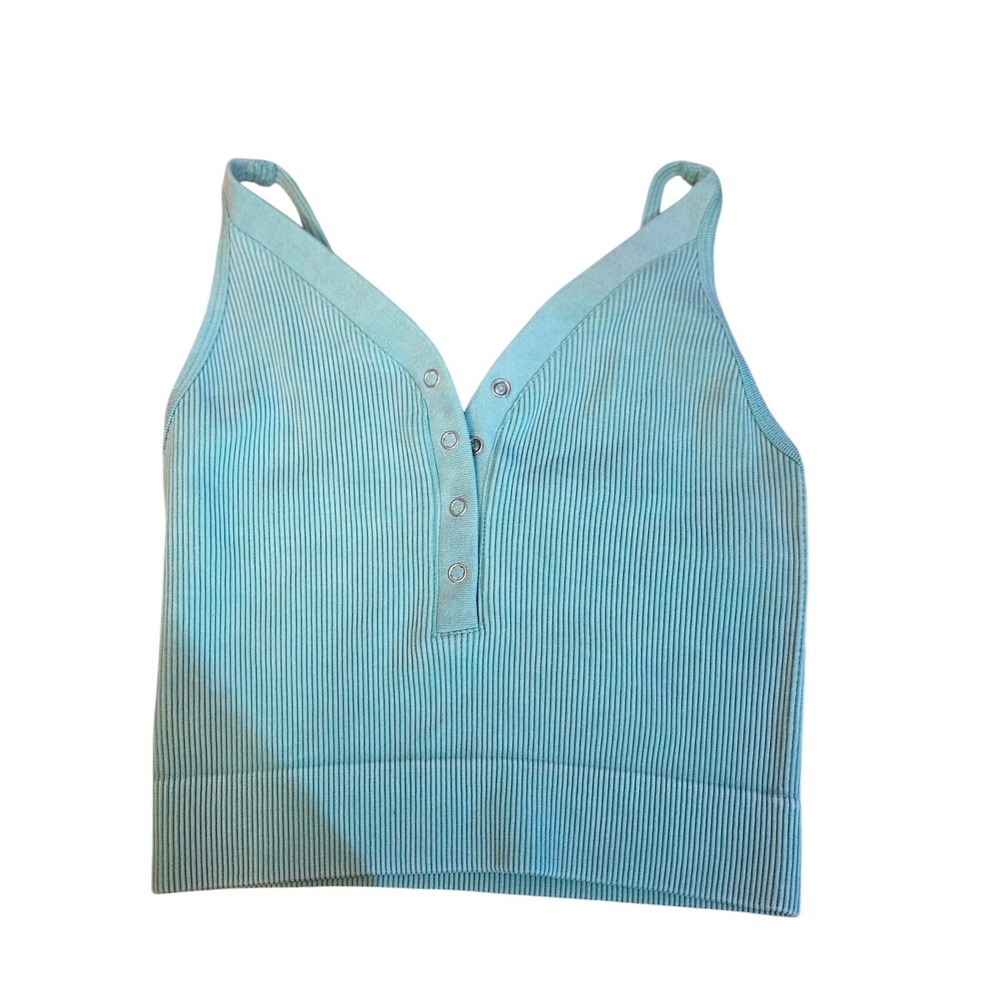 Dynamic Mint Green Ribbed Henley Cami Snap Button Crop Tank Top Womens